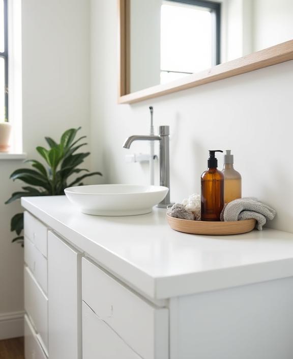 A neat bathroom vanity with an amber glass soap dispenser and a small tray for essentials, evoking calm.