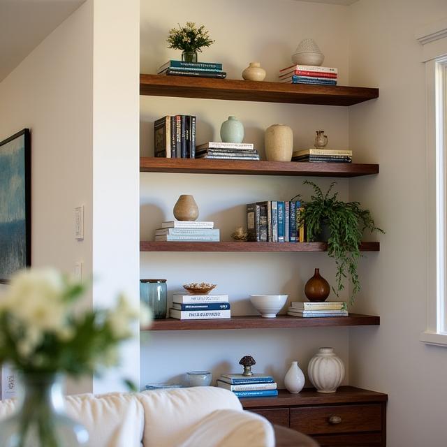 A customer's inviting living room showcasing a beautifully styled reclaimed wood shelf with books and decorative accents.
